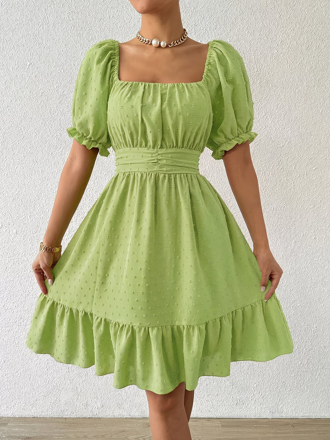 Women's Knee-Length Dress with Short Puff Sleeves